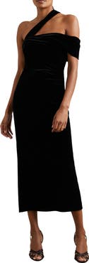 Reiss Dalia One Shoulder Velvet Midi Dress