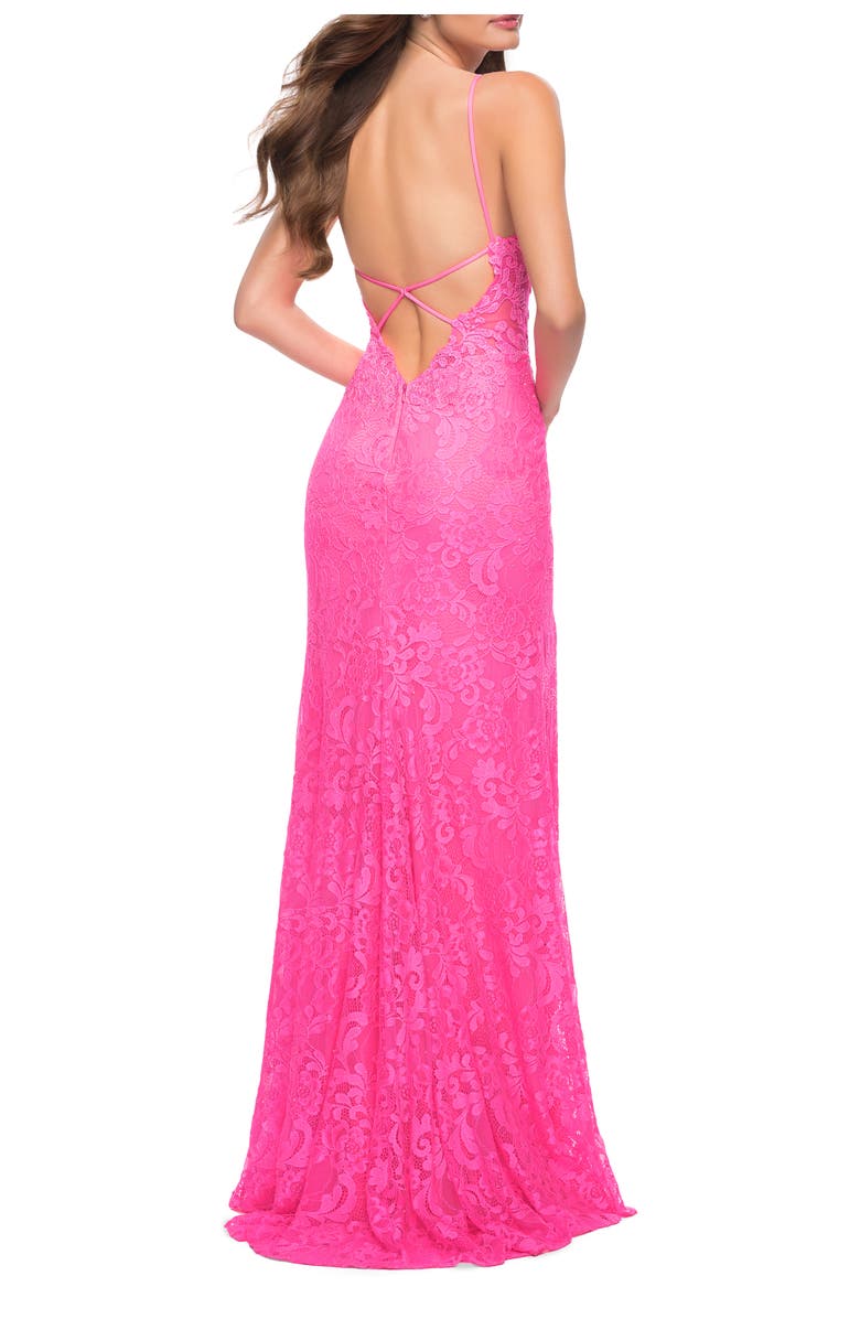 La Femme Stretch Lace Prom Dress in Neon Pink, Alternate, color, Neon Pink