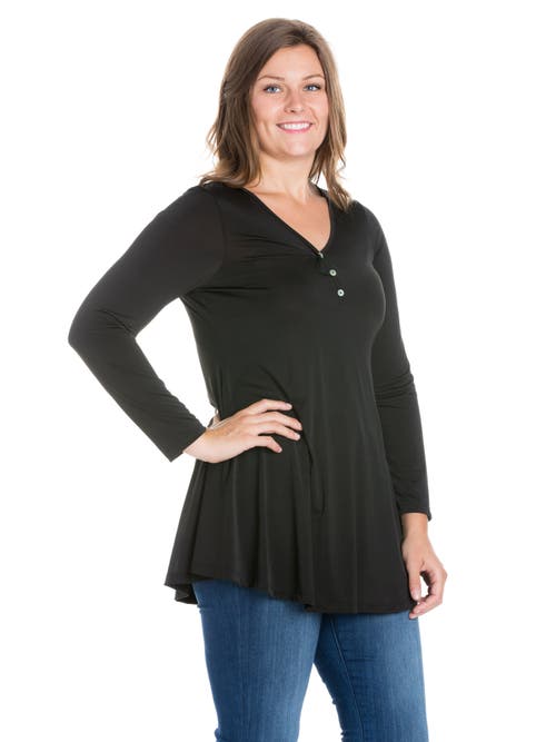 24seven Comfort Apparel Plus Size Flared Long Sleeve Henley Tunic Top In Brown