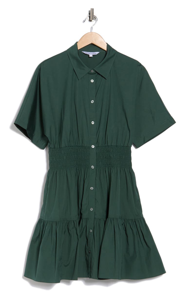 Veronica Beard Greta Smocked Waist Ruffle Hem Shirtdress, Alternate, color, Forest