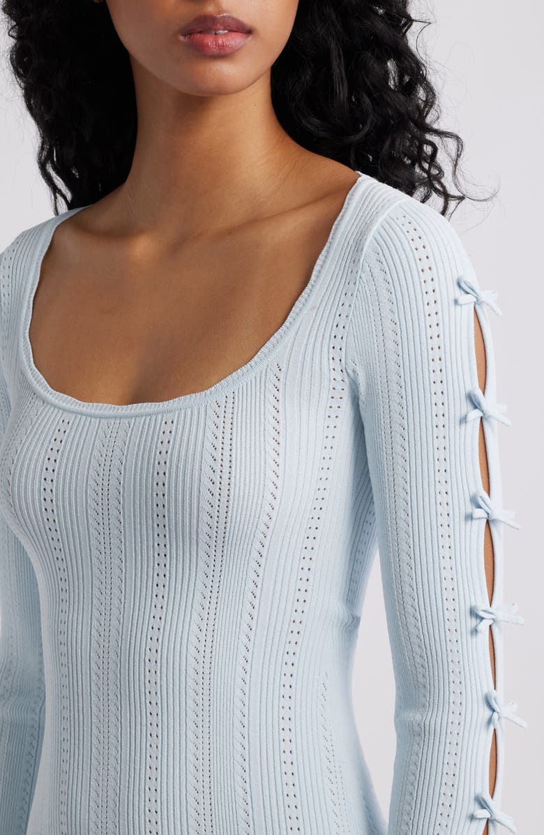 LoveShackFancy Seychelle Bow Long Sleeve Knit Minidress, Alternate, color, Icicle Blue