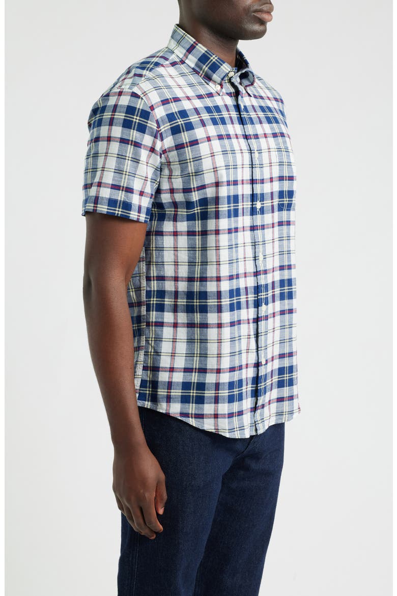 Madras Plaid Short Sleeve Button-Down Shirt, Alternate, color, IVORYMULTI