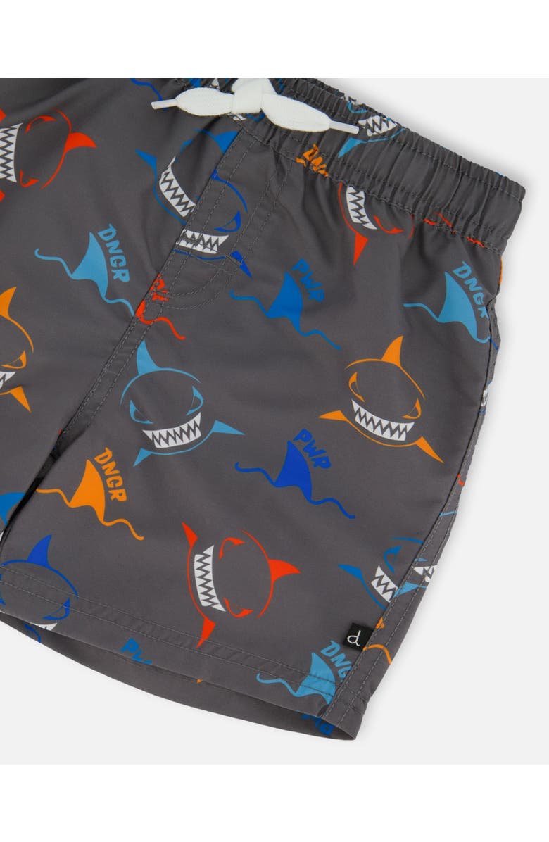Deux par Deux Little Boy's Printed Boardshorts Orange, Red, And Blue Sharks On Gray, Alternate, color, Orange Red And Blue Sharks