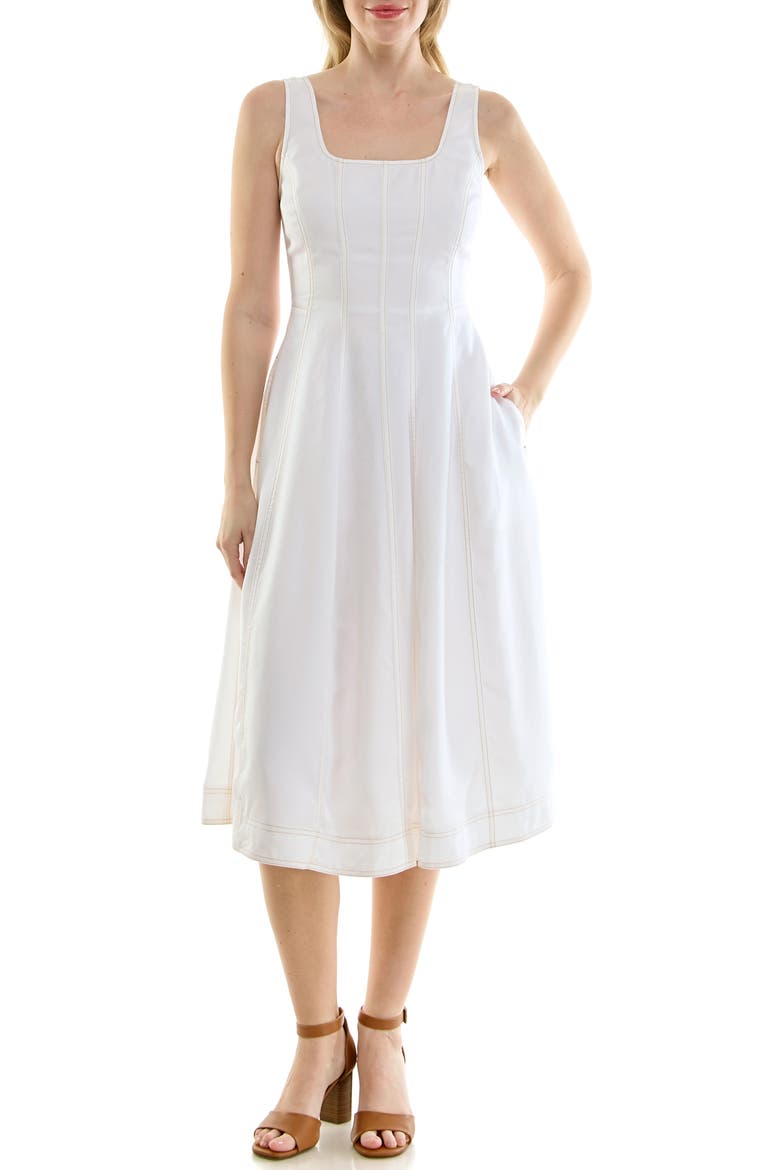 Twill Fit & Flare Tank Dress, Main, color, BRILLIANT WHITE / WARM SAND