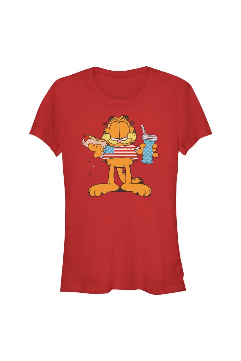 Juniors Garfield American Hot Dog Love Cat T Shirt, Main, color, Red