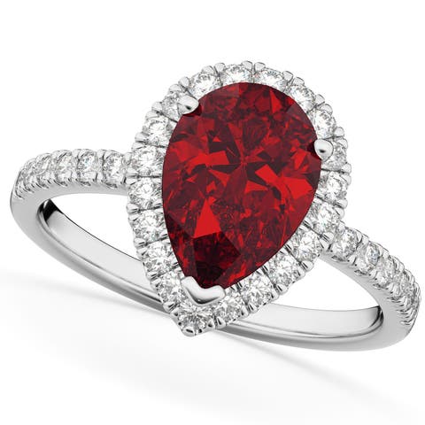 Pear Cut Halo Ruby & Diamond Engagement Ring 14K