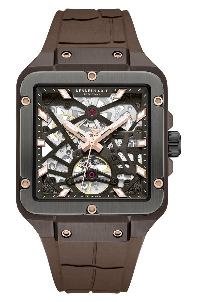 Kenneth Cole New York Automatic Silicone Strap Watch, 41.5mm, Main, color, Brown