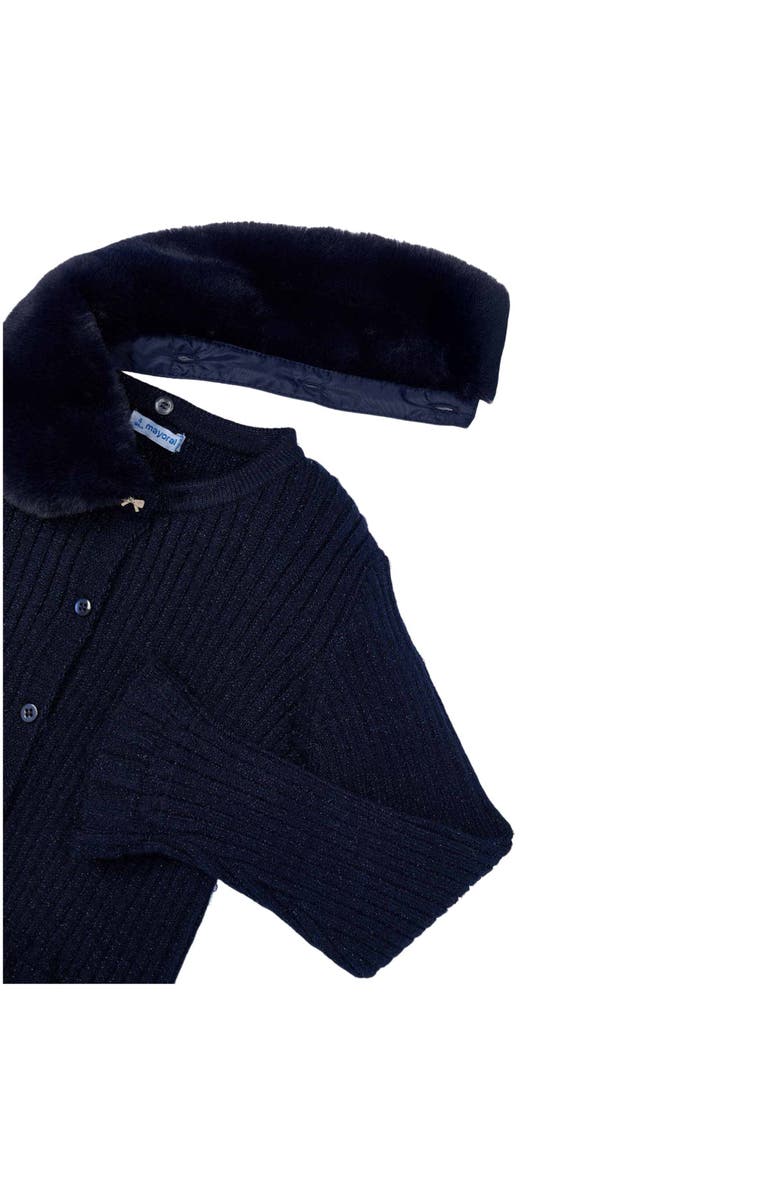 Mayoral Cardigan with Faux Fur Collar, Alternate, color, Navy