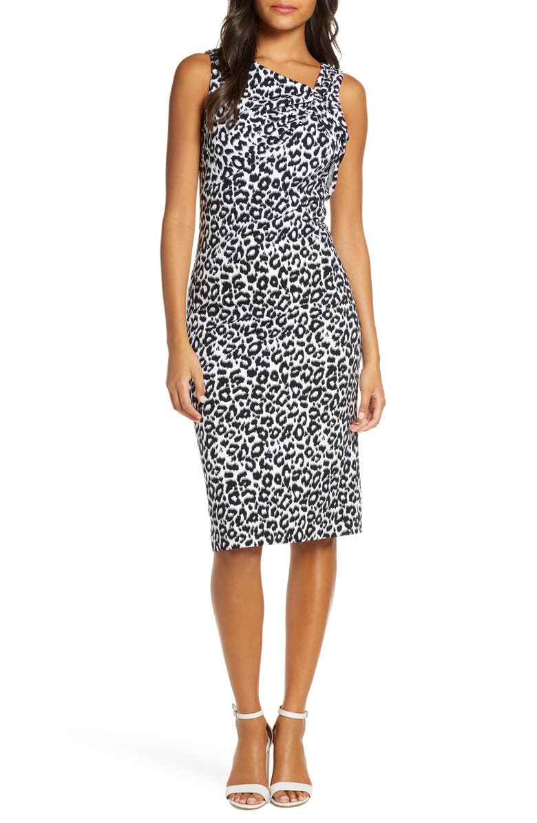 Donna Ricco Leopard Print Asymmetrical Neck Sheath Dress, Main, color, 