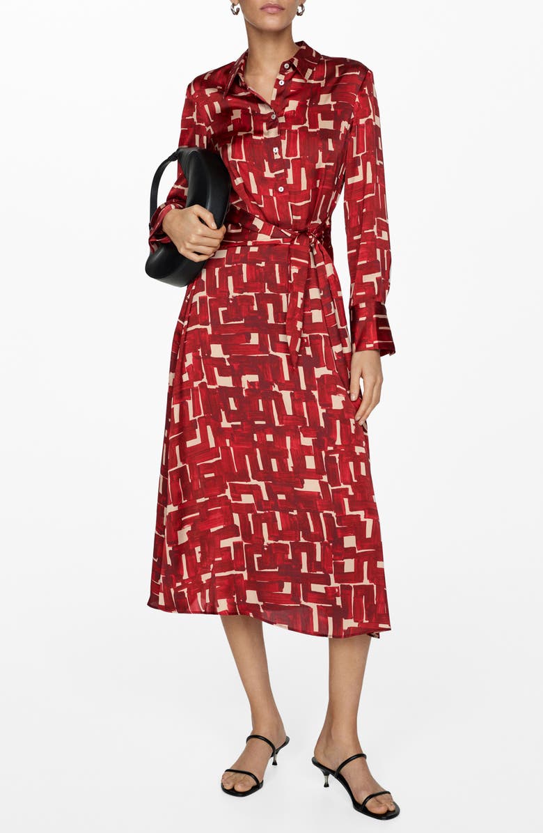 MANGO Print Tie Waist Long Sleeve Maxi Shirtdress, Main, color, 