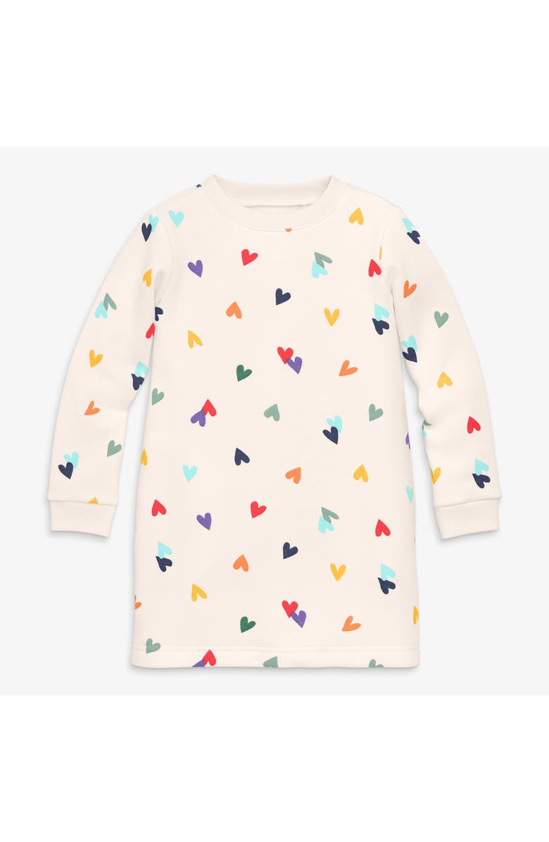 Primary Kids Cozy Fleece Dress In Rainbow Confetti Hearts, Main, color, Oat