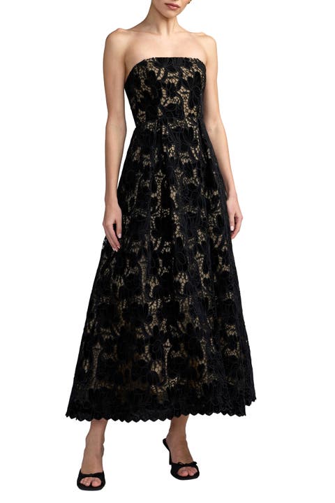 Floral Lace Strapless A-line Midi Dress