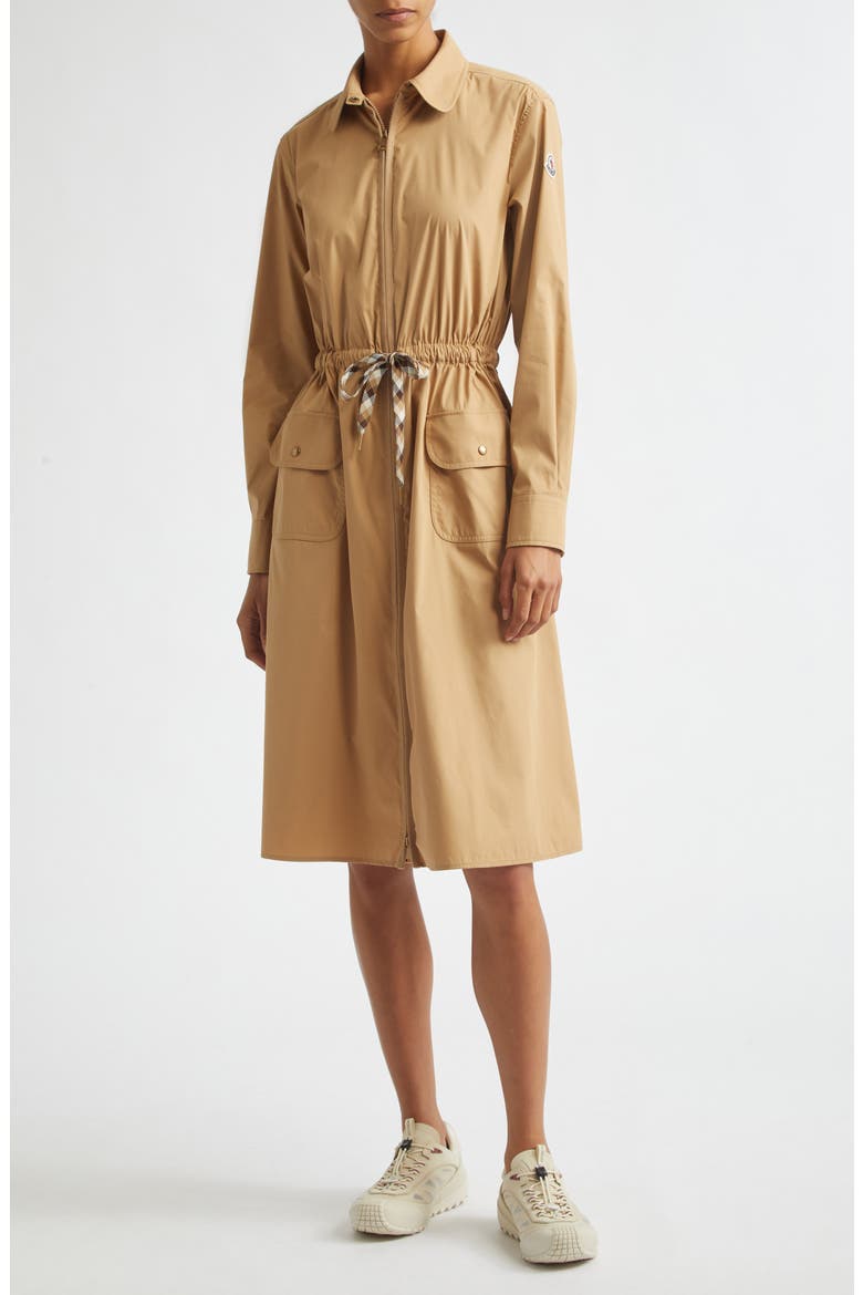Long Sleeve Cotton & Nylon Zip Shirtdress, Main, color, BEIGE