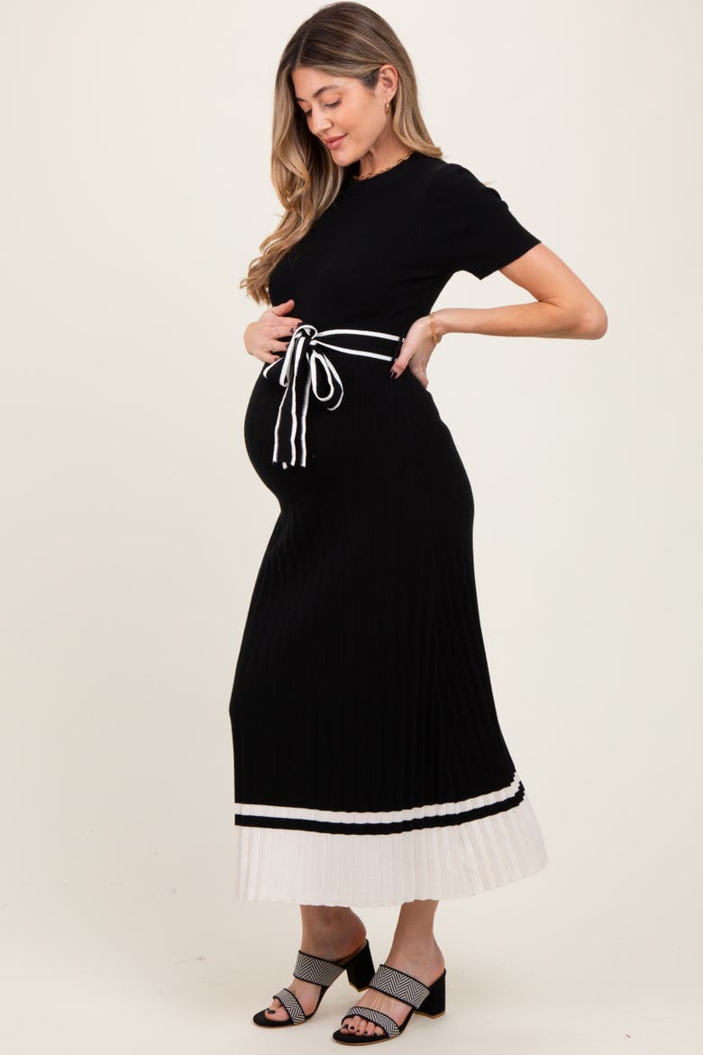 Ribbed Knit Pleated Midi Dress, Alternate, color, Black