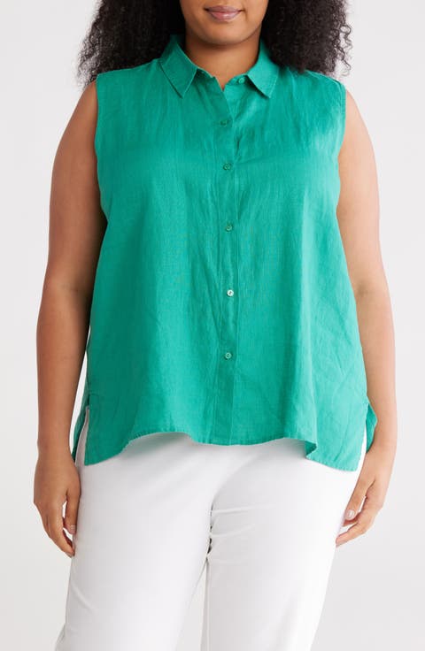 Classic Sleeveless Organic Linen Button-Up Shirt (Plus)