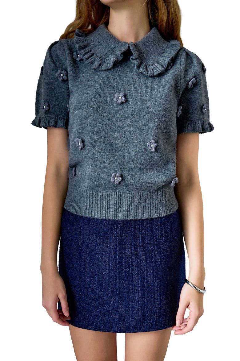 Pearl Bead Floral Short Sleeve Sweater, Alternate, color, HEATHER GREY
