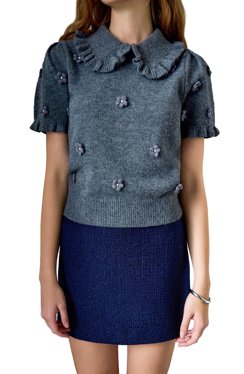 English Factory Pearl Bead Floral Short Sleeve Sweater, Alternate, color, Heather Grey