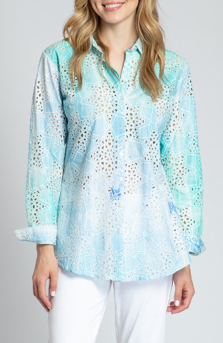 APNY Print Roll-Up Sleeve Cotton Eyelet Button-Up Shirt, Main, color, 