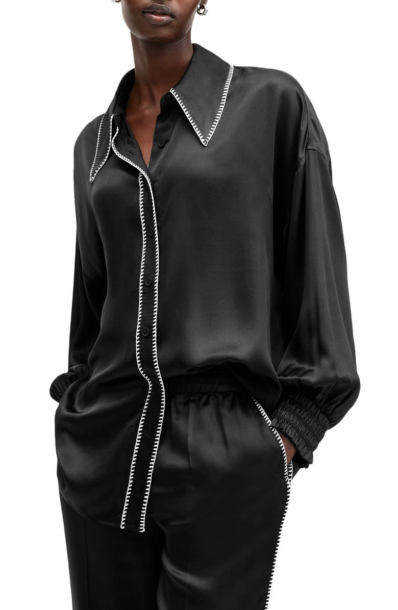 AllSaints Charli Whipstitch Oversize Satin Button-Up Shirt, Main, color, Black