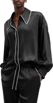 AllSaints Charli Whipstitch Oversize Satin Button-Up Shirt