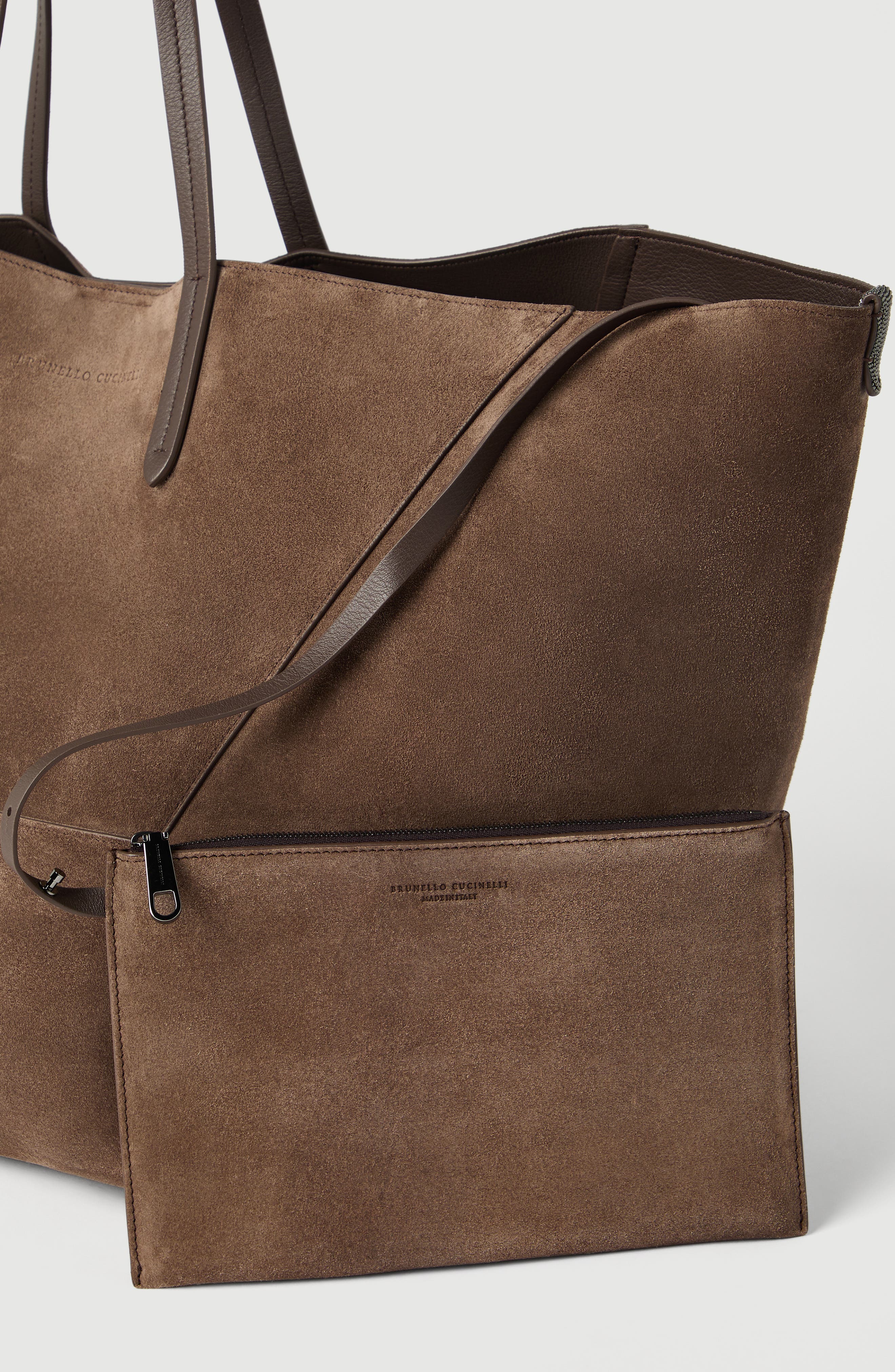 Brunello Cucinelli Suede large BC Duo bag, Alternate, color, Bark
