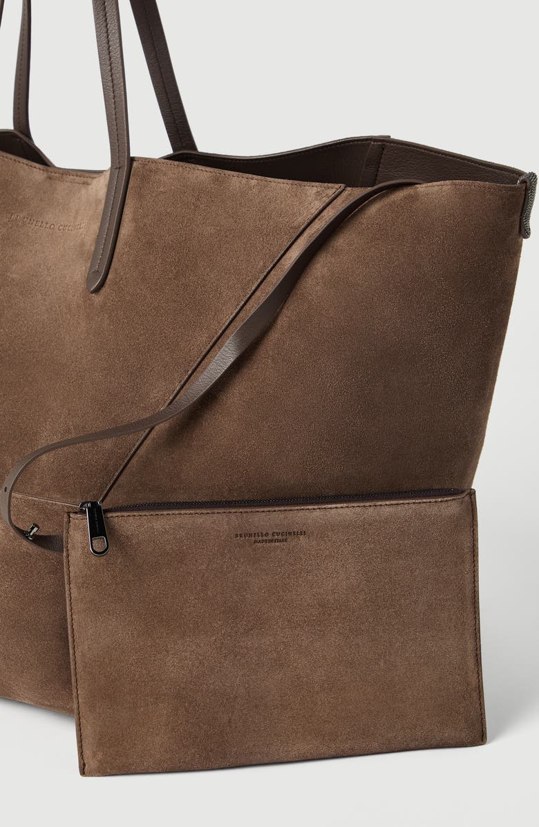 Brunello Cucinelli Suede large BC Duo bag, Alternate, color, Bark