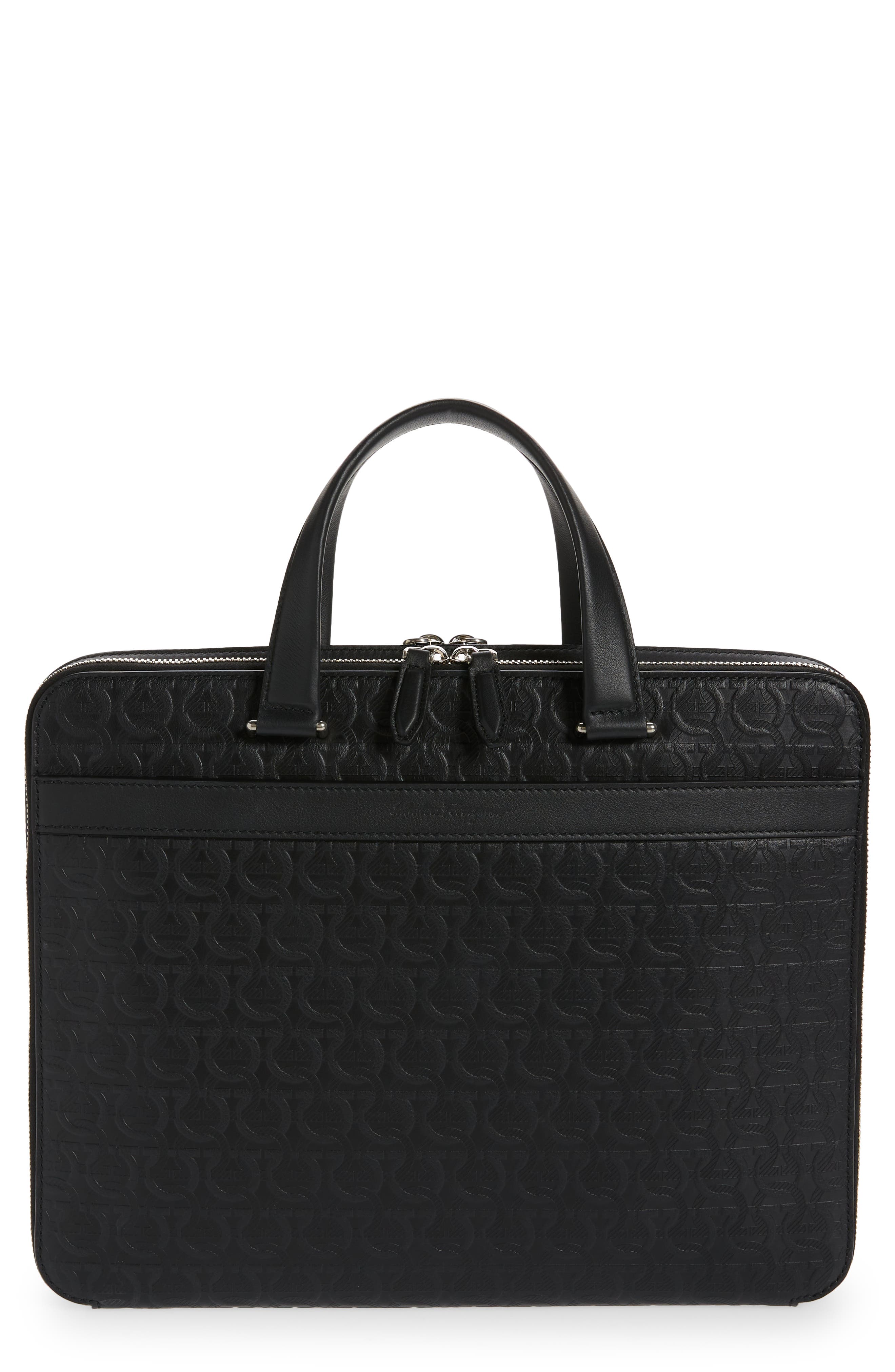 FERRAGAMO Gancini Embossed Leather Briefcase, Main, color, 