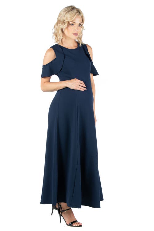 24seven Comfort Apparel Plus Size Ruffle Cold Shoulder A Line Maxi Dress In Blue