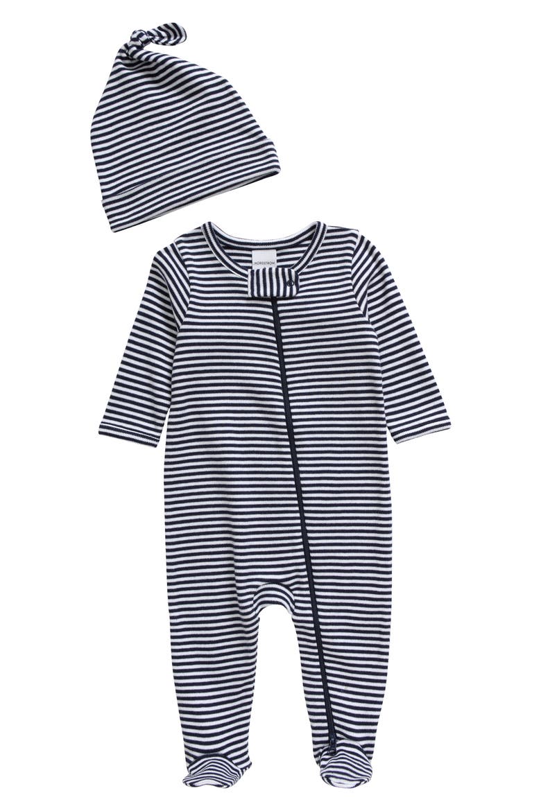 Print Zip Footie & Beanie Set, Main, color, NAVY PEACOAT FINN STRIPE