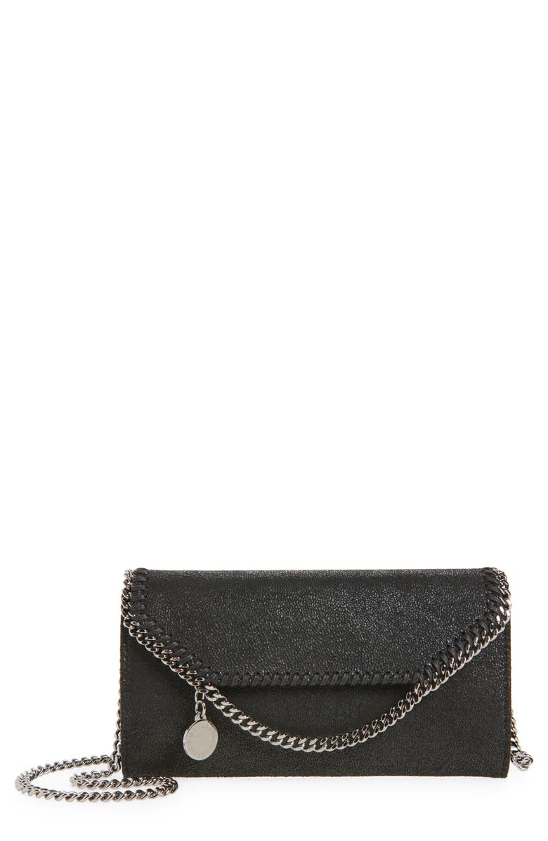 Stella McCartney Falabella Shaggy Faux Leather Wallet on a Chain, Main, color, Black
