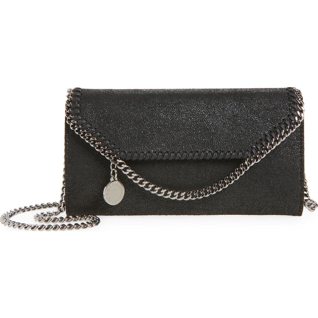 Stella Mccartney Falabella Shaggy Faux Leather Wallet On A Chain In Black