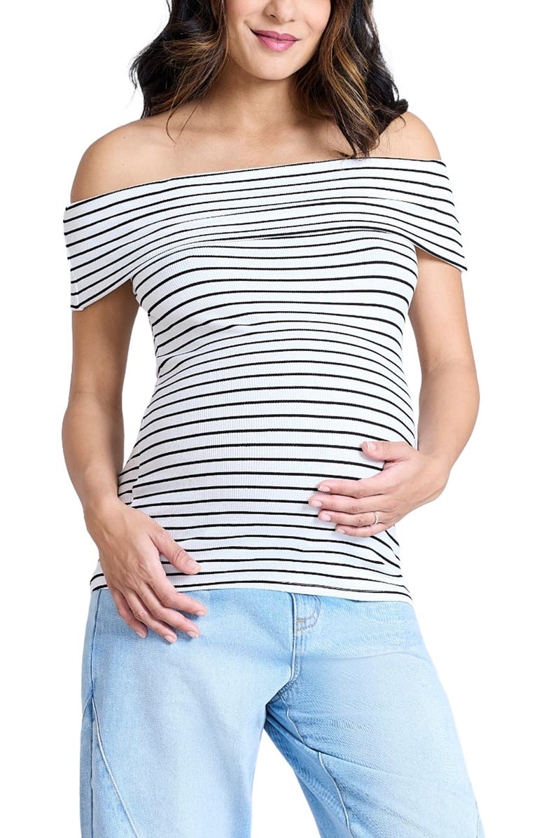 MOTHERHOOD MATERNITY Rib Knit Short Sleeve Off The Shoulder Top, Alternate, color, White & Black Stripe