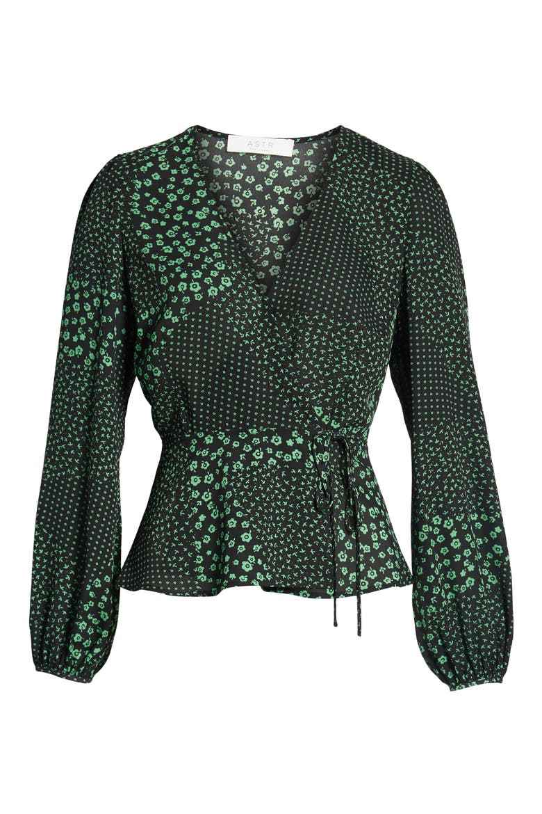 Wrap Top, Alternate, color, BLACK/ GREEN FLORAL