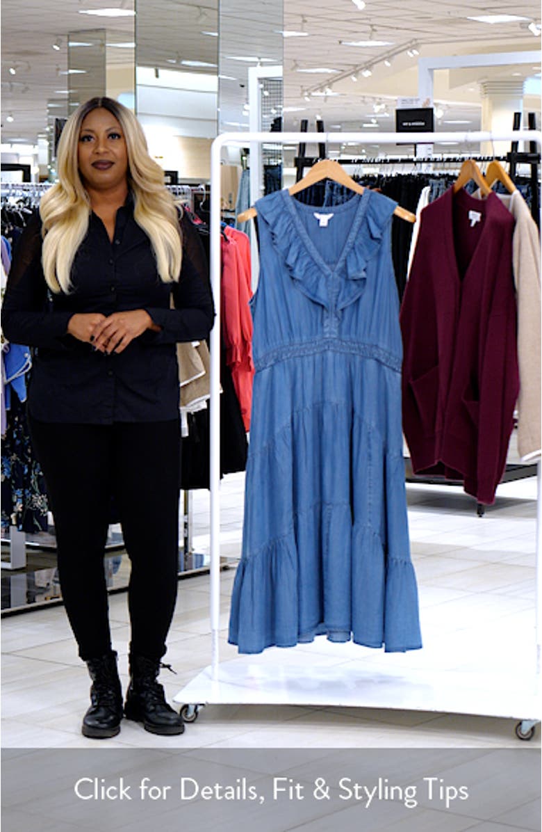 Ruffle Neck Sleeveless Chambray Midi Dress, sales video thumbnail