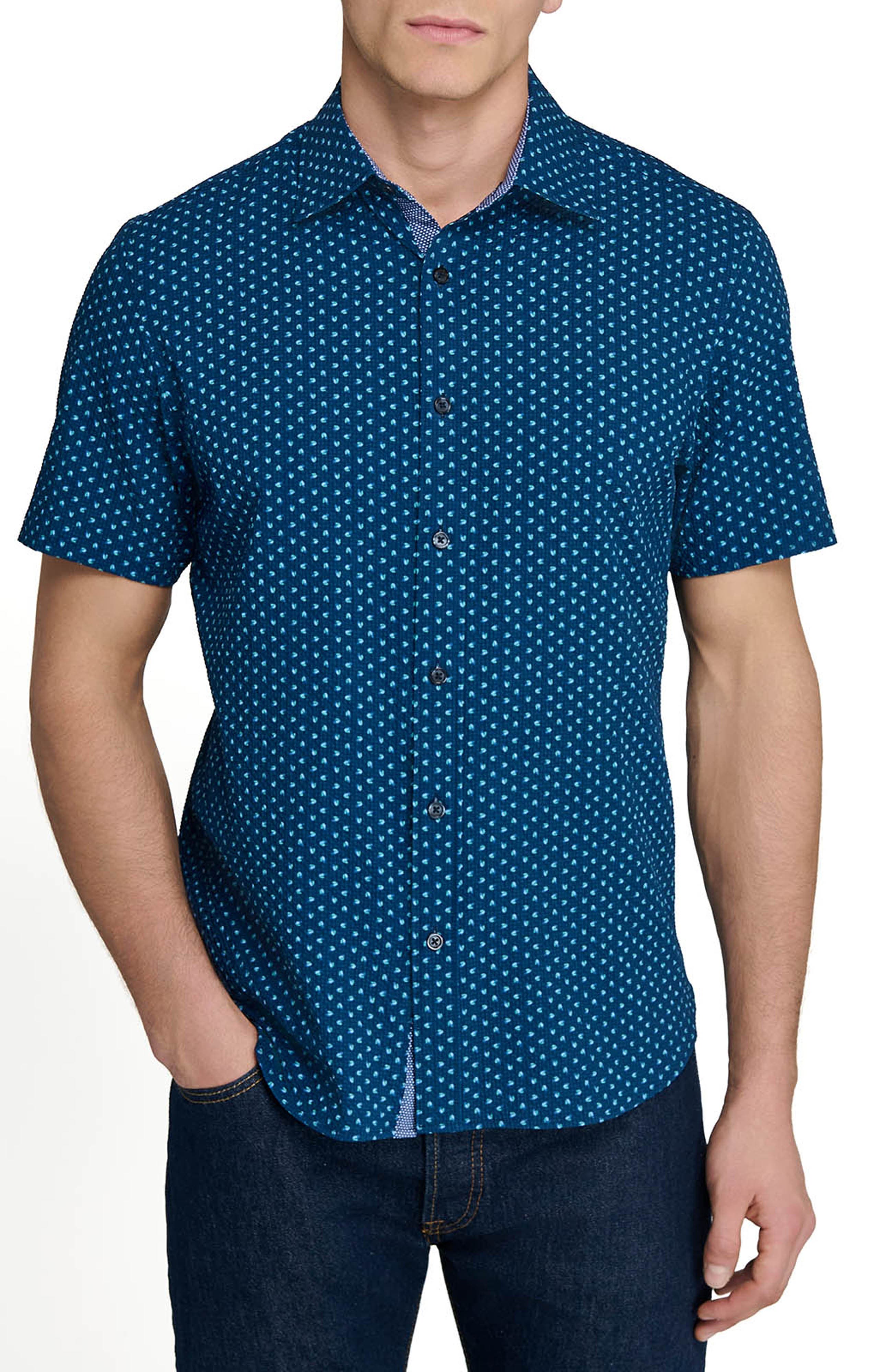 Construct Slim Fit Falling Feathers Seersucker Short Sleeve Shirt In Blue