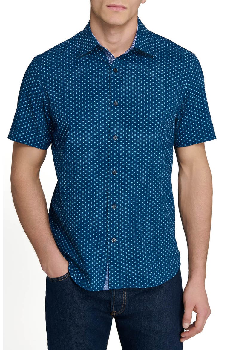 Slim Fit Falling Feathers Seersucker Short Sleeve Shirt, Main, color, NAVY/GREEN