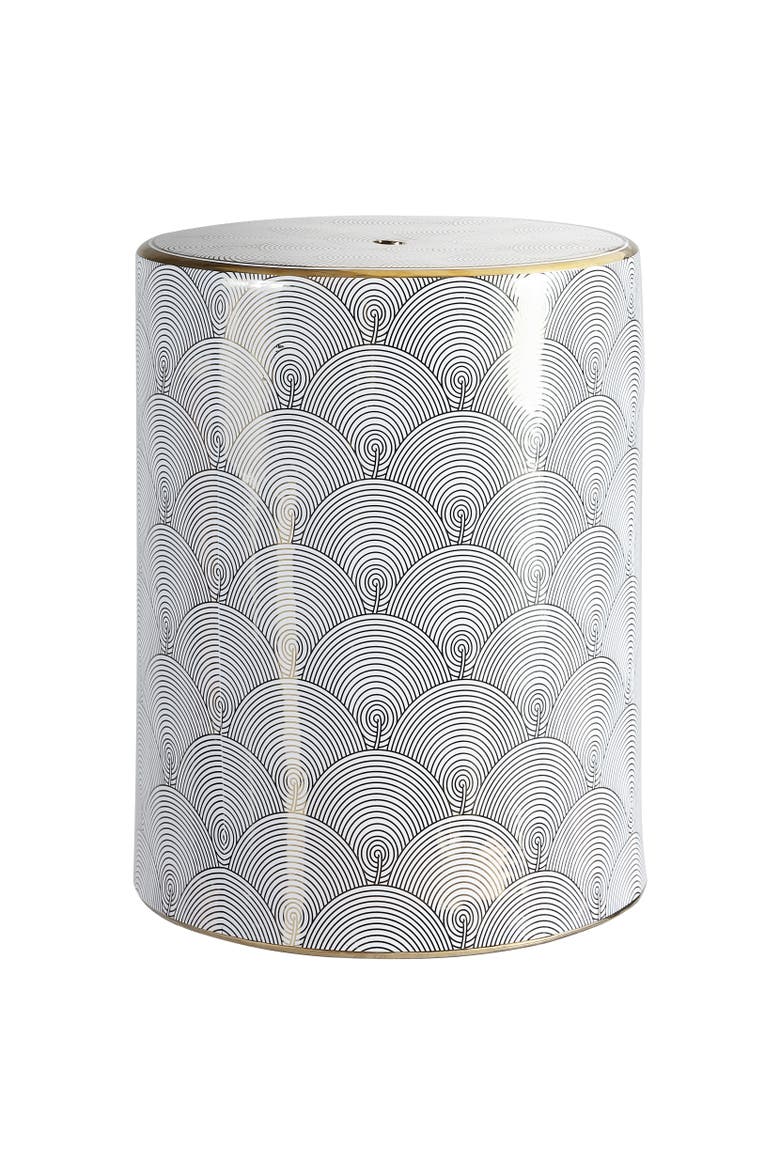 Fish Scale Traditional Floral Chinoiserie Ceramic Drum Garden Stool, Pierced Indoor/Outdoor Patio Seat & Side Table, Main, color, White/Gold