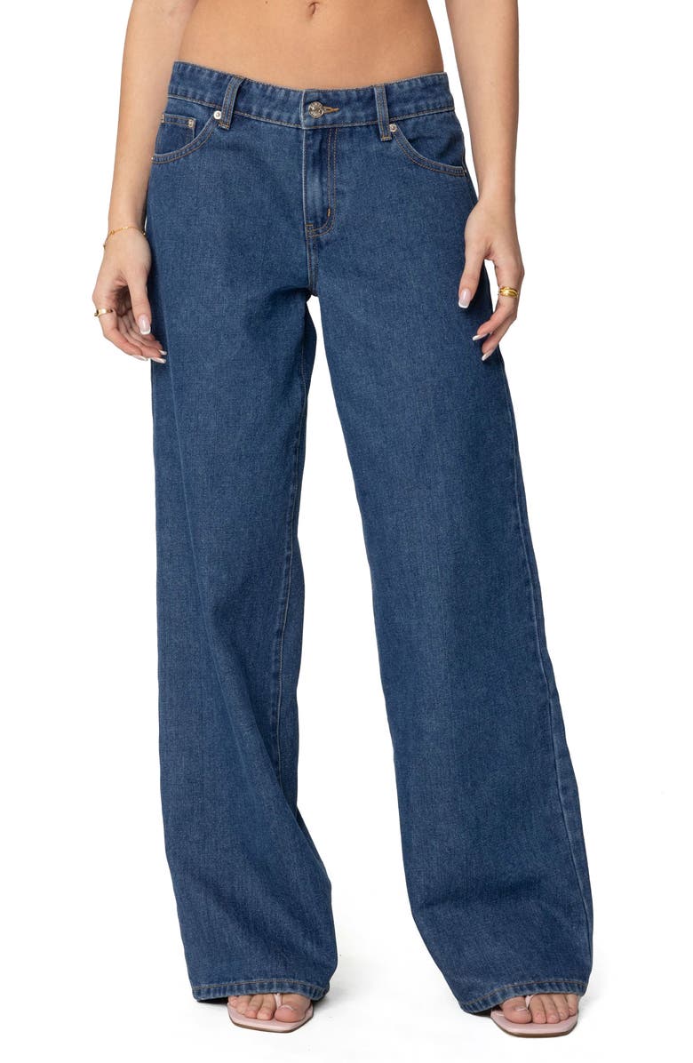 EDIKTED Lacey Bow Pocket Low Rise Wide Leg Jeans, Main, color, Blue