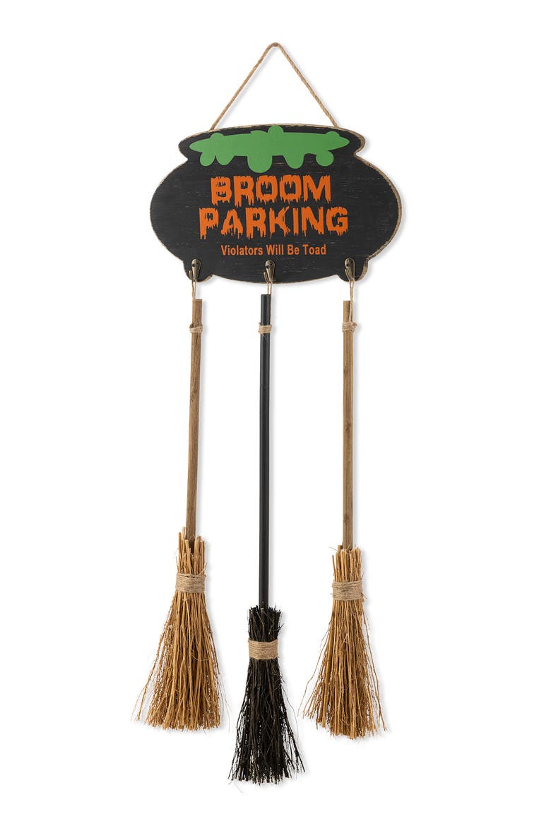 37"H Halloween Wooden Cauldron and Broom Porch Decor, Main, color, Black