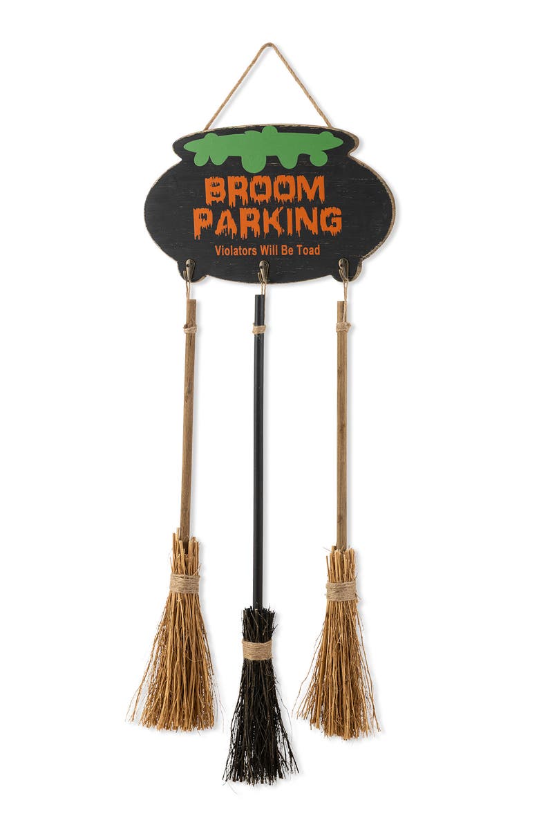 Glitzhom 37"H Halloween Wooden Cauldron and Broom Porch Decor, Main, color, Black