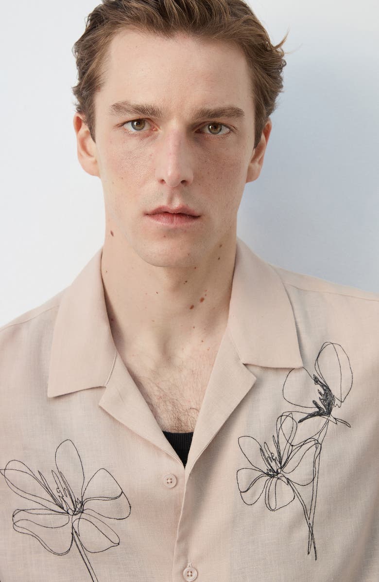 MANGO Regular Fit Embroidered Floral Camp Shirt, Alternate, color, Beige