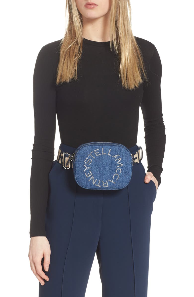 Stella McCartney Eco Studded Logo Organic Denim Belt Bag, Alternate, color,