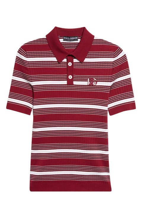 Stripe Cotton Blend Rib Polo Sweater