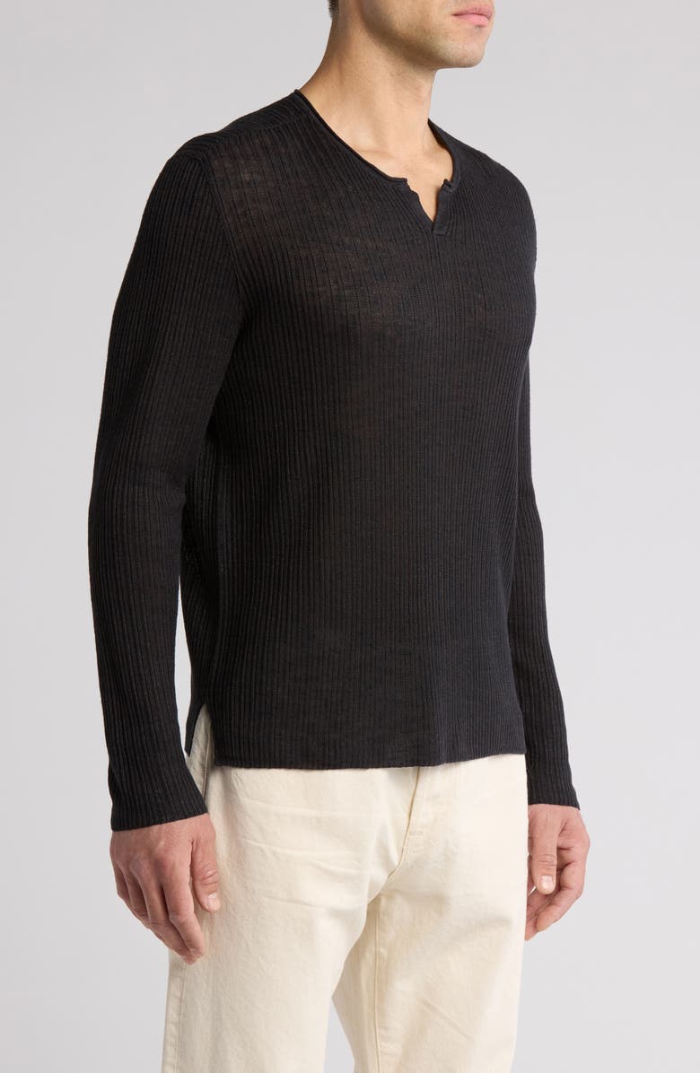John Varvatos Egor Notch Neck Long Sleeve Rib Linen Blend Henley, Alternate, color, Black