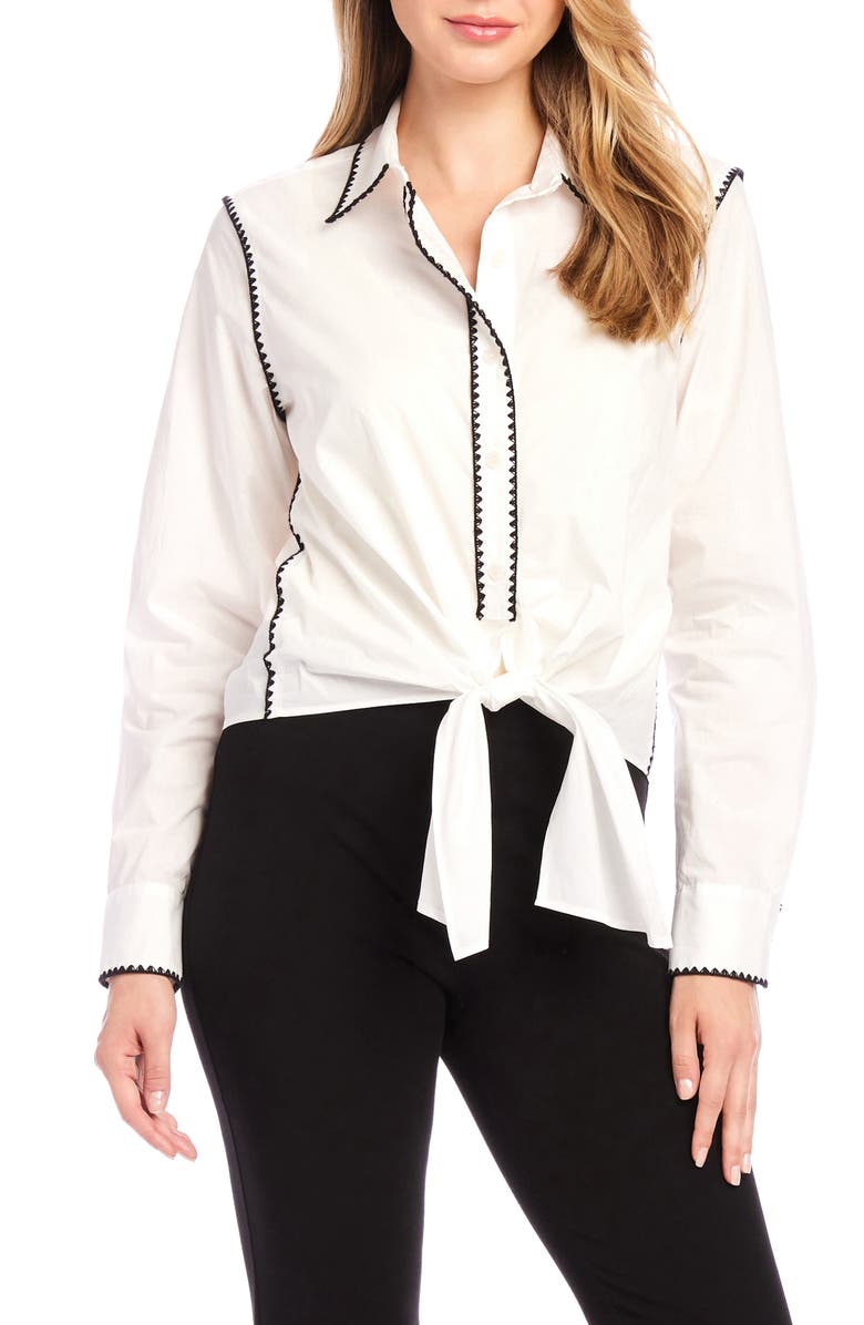 Karen Kane Blanket Stitch Tie Front Cotton Button-Up Shirt, Main, color, 