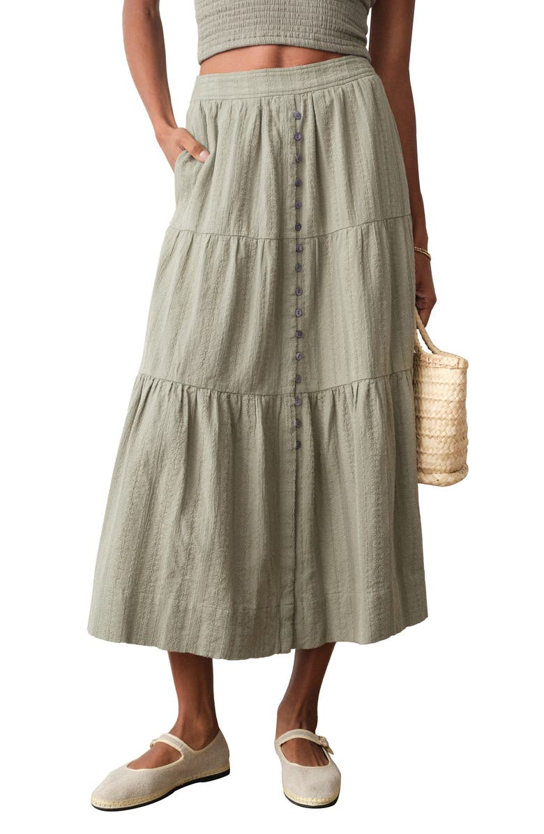 Marine Layer Lana Tiered Cotton Maxi Skirt, Main, color, Sage