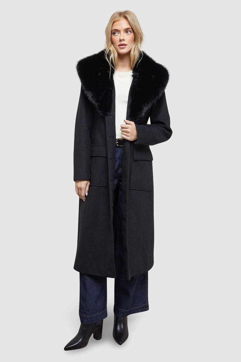 Faux Fur Collar Belted Coat, Main, color, Black