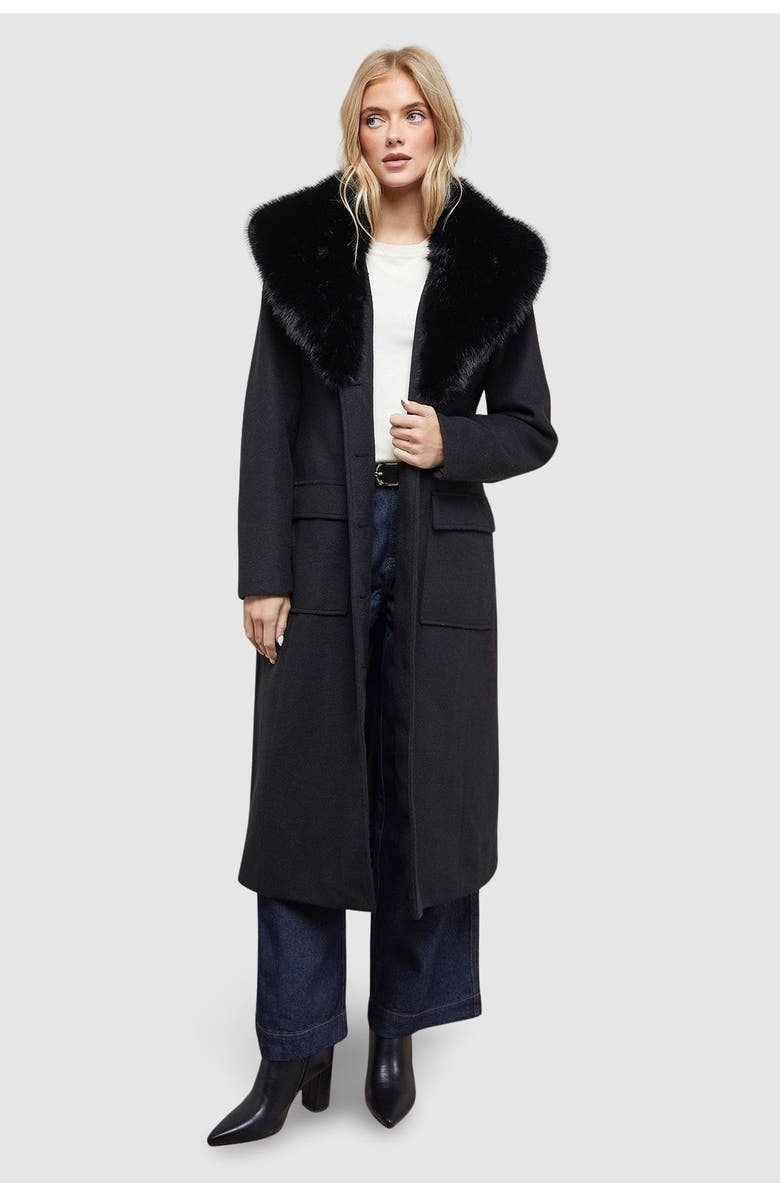 Oasis Faux Fur Collar Belted Coat, Main, color, Black