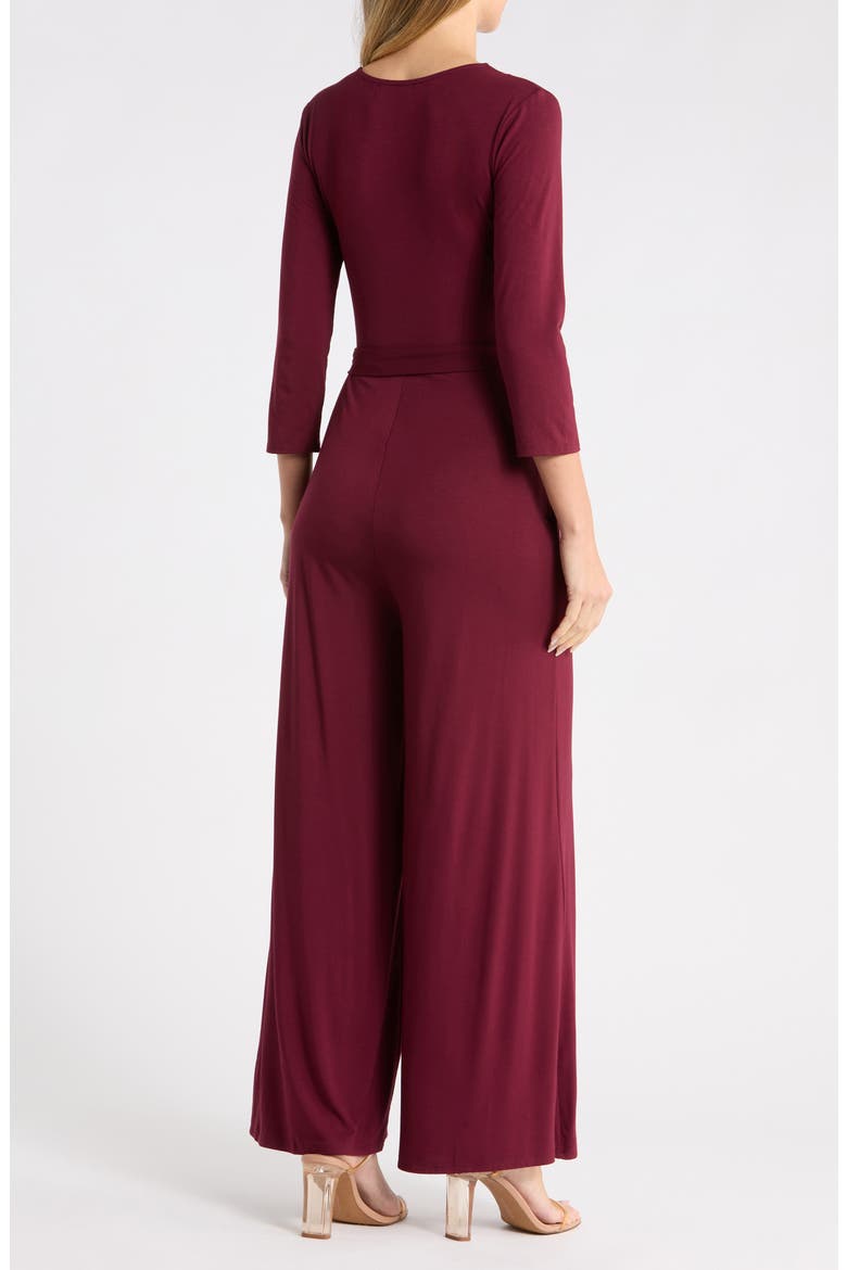 3/4 Length Sleeve Wrap Wide Leg Jumpsuit, Alternate, color, WINE