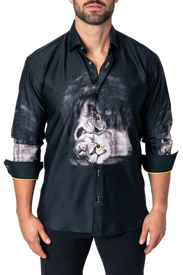 Fibonacci Love Lion Cotton Button-Up Shirt, Alternate, color, BLACK